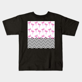 Pink Flamingos Pattern with Chevron Stripes Kids T-Shirt